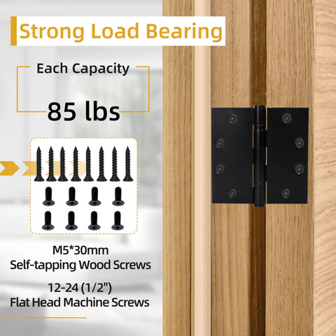 JAVOUKA heavy-duty door hinge installed on wood door, black square-corner with silent steel bearing; includes screws