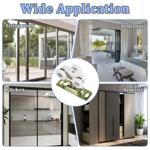 4Pcs Sliding Pocket Door Rollers Assembly for hardware kit replacement shown in various home settings.