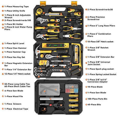 328 Piece Tool Kit For Home And Auto Hand Repair Tool Set In A Sturdy Toolbox With Drawer, open showing various hand tools.