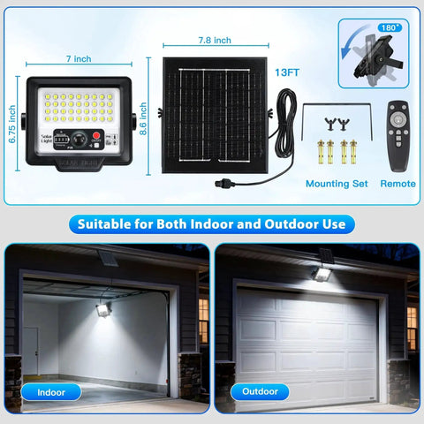 60W Solar Flood Light Outdoor Waterproof 7000 Lumens 6500K Motion Sensor with remote, solar panel, and mounting set