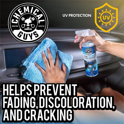 Person using Total Interior Cleaner And Protectant For Leather Vinyl Plastic Glass Rubber on car dashboard
