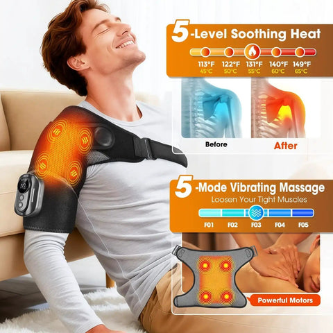 Man using Cordless Shoulder Heating Pad With Massage And Remote Control For Real Relief From Rotator Cuff Pain and Frozen Shoulder