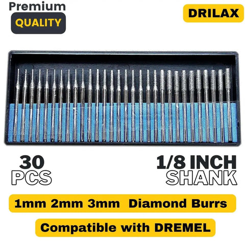 Diamond Drill Bit Set For Stone And Glass 30 Piece Kit With One Millimeter Two Millimeter And Three Millimeter Diameters One Eighth Inch Shank For Dremel And Rotary Tools Jewelry Making Gemstone Sea Glass Beadwork And Lapidary Projects