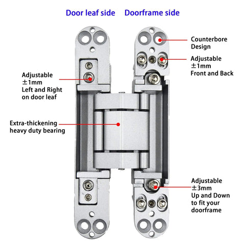 Hidden Door Hinges 6 Inch Concealed Zinc Alloy Butt Hinge With 180 Degree Swing And 3 Way Adjustable Design Pack Of 2 Silver Finish