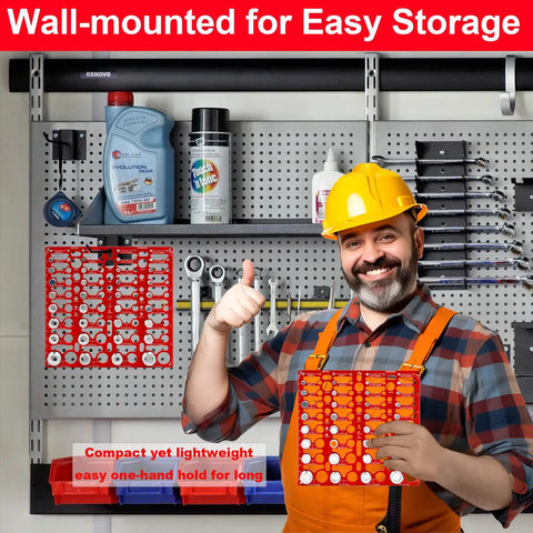 Nut And Bolt Thread Checker Gauge Kit With 55 Size Finder, 19 Drill Gauges, displayed on wall with tools and man in hard hat.