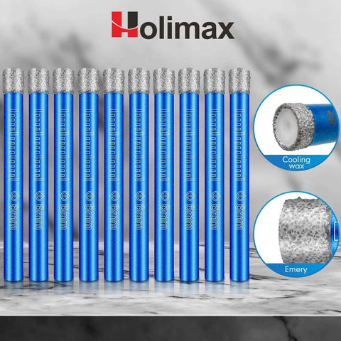 Dry Diamond Drill Bits Set 10 Pieces One Quarter Inch Six Millimeter Hole Saw Kit For Granite Marble Porcelain Tile Ceramic Stone Glass Hard Materials Round Shank Great For Drilling Clean Holes In Tiles And Glass, displayed in a blue color with cooling wax and emery details