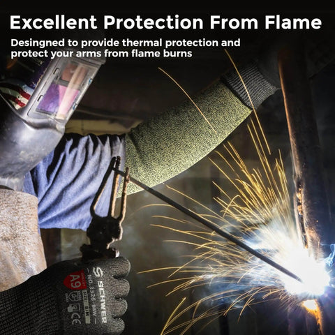 Welding with Core Arm Protection Sleeves S081 10 Pairs With Thumbhole, ANSI A5 Cut and Flame Resistant, showing sleeve in use.