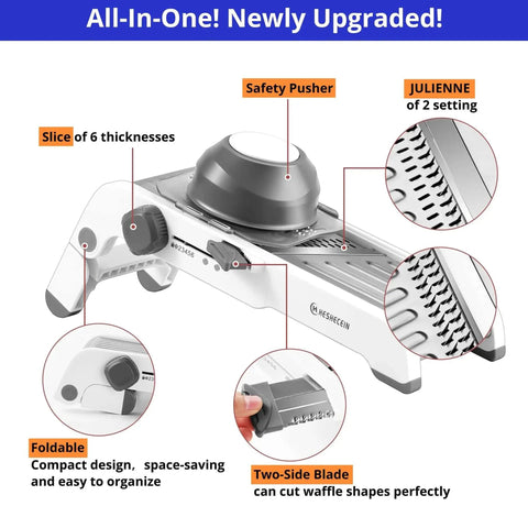 24 In 1 Mandoline Slicer With Waffle Fry Cutter Blade featuring adjustable thickness, safe non-slip design, and durable materials.