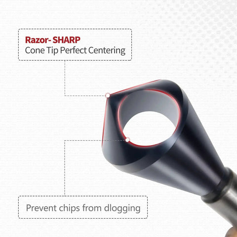 Close-up of Pro Grade Heavy Duty Cobalt Countersink Set Four Pieces Single End M35 90 Degree Countersink Bit highlighting cone tip.