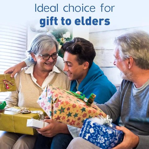 Elderly couple with a young man holding gift-wrapped boxes, smiling at each other, in a cozy setting, titled 'Ideal choice for gift to elders'.