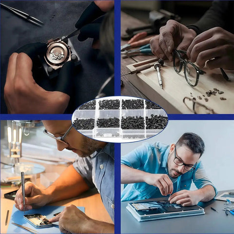 Tiny Micro Repair Screws Set In Black Carbon Steel M1 To M1.7 for Eyeglasses, Watches, Clocks, Mobile Phones in use and clear box