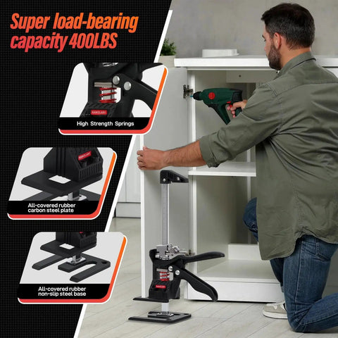 Man using Drywall Lifter And Furniture Jack 12 Inch 400lb 2 Pack With Dual Descent Switch for cabinet installation