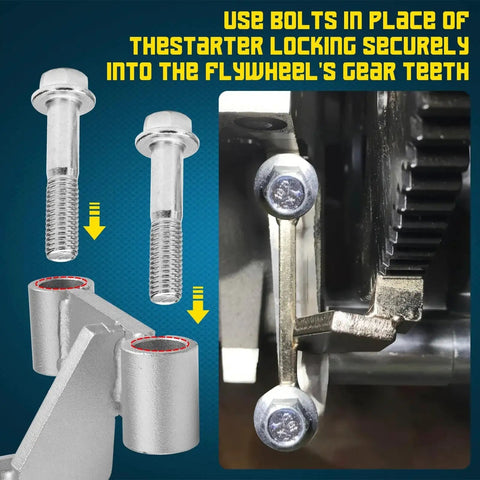 Front view of Amazon Chelhead LS flywheel locking tool kit with 8.8 bolts and silver mounting adapter.