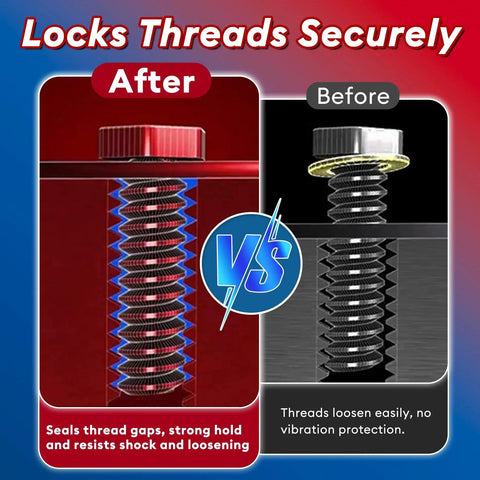 Visual comparison of bolts with and without Blue And Red Thread Lock Duo For Nuts And Bolts, showing sealing and vibration resistance benefits.
