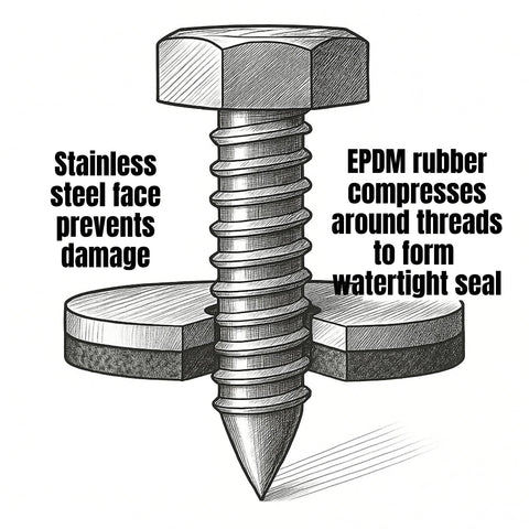 EPDM bonded sealing washers with 304 stainless backing for #8 screws; EPDM rubber around threads forms a watertight seal.