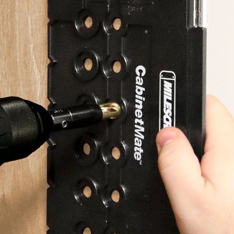 5mm Shelf Pin Drill Bit Set for Precise Cabinet Shelves With Self-Centering Bit, 3/8 Inch Guide Bushing, in use with CabinetMate
