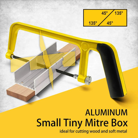 Precision Aluminum Miter Box For Small Wood And Soft Metal Cutting, 5.3 Inch Hand Saw Guide With 3 Cutting Angles 45 90 135, image showing saw and guide next to slotted miter box with angles labeled.