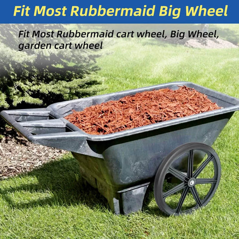 Flat Free Twenty Inch Tire And Wheel Set With Centered Hub Two And Half Inch For Wheelbarrow And Garden Cart Replacement Two Pack Puncture Proof Polyurethane Solid Wheel Bearing Three Quarter And Five Eighth Inch For Rubbermaid Style installed on garden cart
