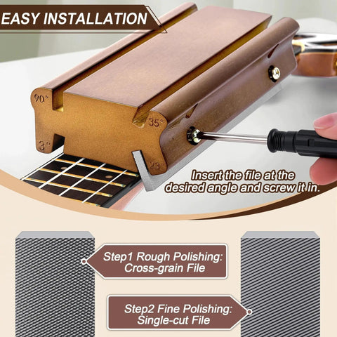 4 In 1 Guitar Fret File Tool With 3 Degree 23 Degree 35 Degree And 90 Degree Angles For Fret Dressing Beveling Rounding And Deburring, Bass And Guitar Fret Tools, Durable Hardwood Handle And Rust Resistant High Carbon Steel Blades, Essential Luthier Kit illustrating installation on a guitar neck.