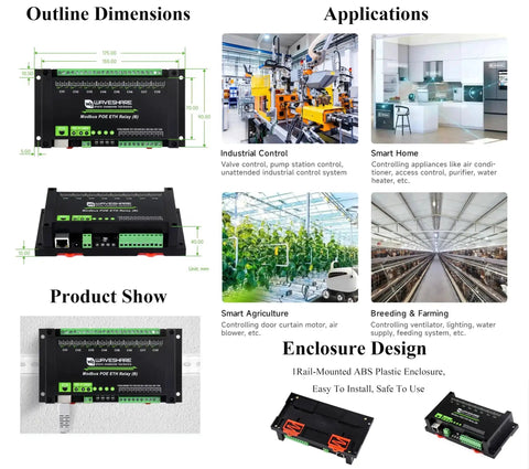 Diagram showing Eight Channel Ethernet Relay Module with digital input, Modbus protocols, PoE power, ABS rail-mount case, automation applications.