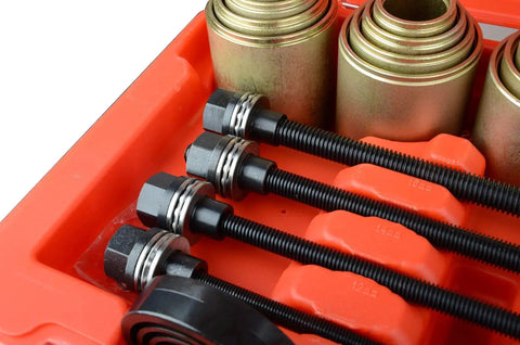 Universal Press And Pull Sleeve Tool Kit for Removing and Installing Bushings and Bearings, includes spindles and sleeves in red tray