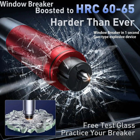 Close-up of a 3 Pack Car Window Breaker Hammer And Seatbelt Cutter Kit with 2 In 1 Emergency Escape Tool hitting glass