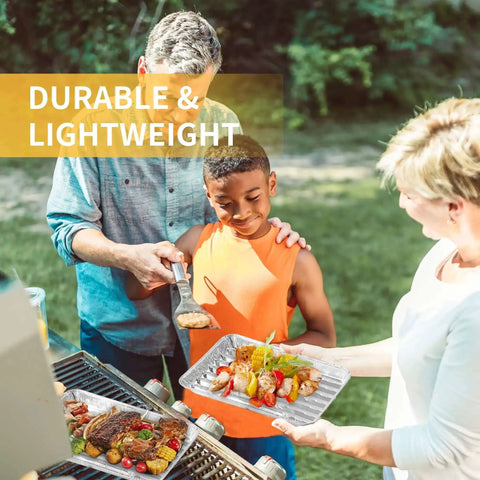 Family grilling with 40 Pack Disposable Aluminum Broiler Pans, 13.38 by 8.81 by 1.06 Inches, Thick Foil, showcasing durability.