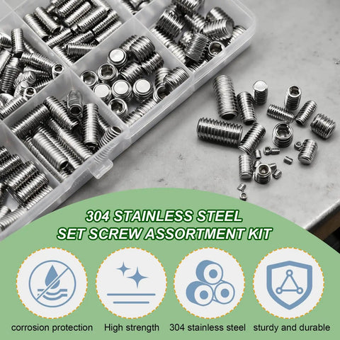 304 Stainless Steel Metric Set Screw Kit With M3 M4 M5 M6 M8 Sizes Grub Screws And Hex Wrenches in clear box