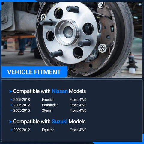 Front Wheel Bearing And Hub Assembly For 4WD Nissan Frontier 2005-2018, Pathfinder 2005-2012, Xterra 2005-2015, And Suzuki Equator 2009-2012, 6 Lug With ABS, Front Left And Front Right installed on vehicle with vehicle fitment details