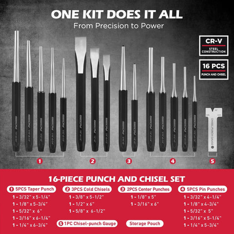 25 Piece Punch And Chisel Set With Roll Pin Punches Including Taper Punches Pin Punches Center Punches And Cold Chisels