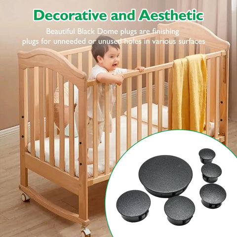 Decorative crib with baby, featuring black dome plugs as finishing hole covers, used for unused holes in furniture, shown in inset.