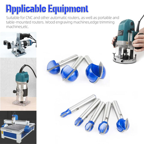 8 Piece Cove Box Round Nose Router Bit Set With 1 Quarter Inch Shank Carbide Tipped Core Box Router Bits For DIY Woodworking Projects Including Cutting Diameters From One Quarter Inch To One Inch For Precise Grooves And Beads displayed alongside compatible routers and woodworking equipment.
