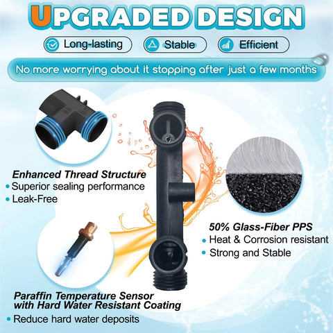 Sensor valve for hot water recirculation system; black T-valve with blue threaded fittings and temperature sensor
