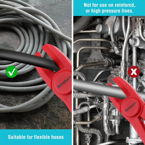 6 Piece Hose Clamp Set With Pinch Clamp Pliers For Flexible Hoses Fuel Gas Brake And Radiator Lines Three Sizes Small Medium Large Made From Heat Resistant Durable PA6 Nylon Non Conductive shown pinching a flexible hose next to industrial pipes.