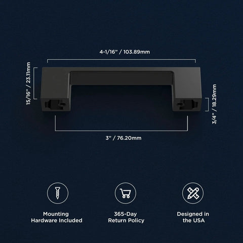 10 Pack Matte Black Kitchen Cabinet Handles Low Profile Drawer Pulls with dimensions and features shown on navy blue background.