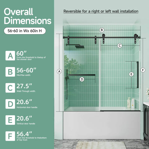 Frameless Bathtub Sliding Shower Door With Barn-Style Exposed Roller System, 56-60 Inch Width And 60 Inch Height, installed view.