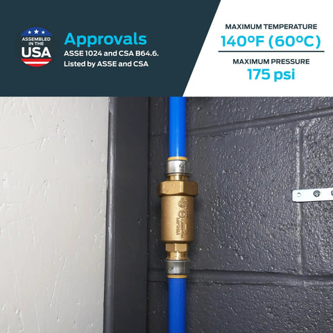 Cash Acme BF1 dual check valve, 3/4 in push-to-connect, brass body with blue supply line