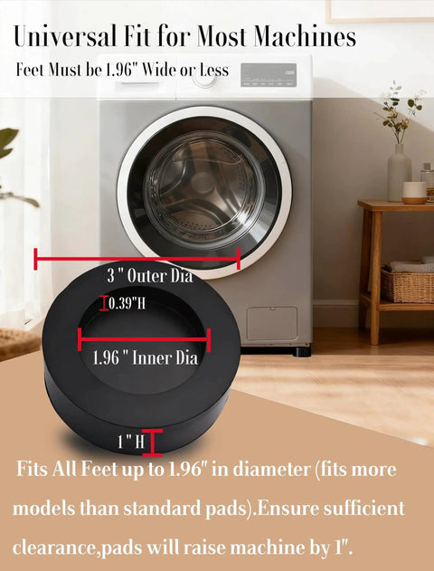 Front view of black rubber anti-vibration pad for washing machine feet; 4-pack universal fit.