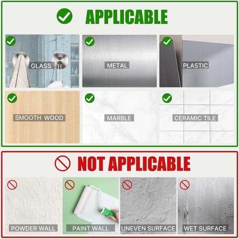 Material applicability guide shows suitability for glass, metal, plastic, smooth wood, marble, ceramic tile; not for powder, paint, uneven, wet surfaces.