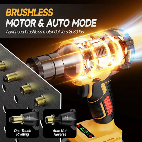 Cordless Rivet Nut Gun For Dewalt 20V Max Battery With Auto Mode And Memory demonstrating brushless motor and nut heads