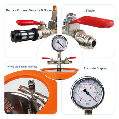 BACOENG 2-Quart stainless vacuum chamber kit with gauge, red-lever valves, orange acrylic lid