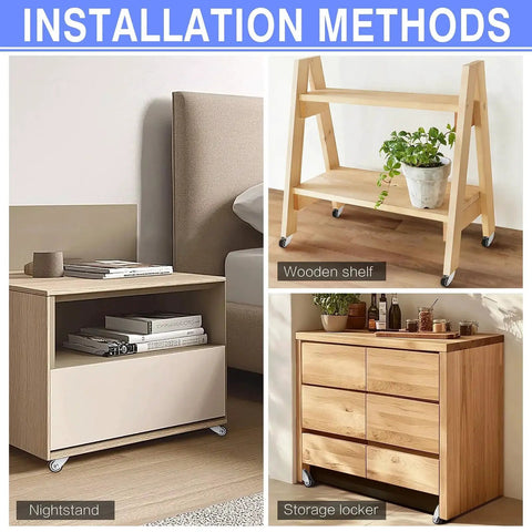 Installation methods for 4 Pack 1 Inch Small Rigid Caster Wheels Low Profile Fixed Casters For Furniture Mounting Horizontal Or Vertical Install Rubber Roller Wheels For Side Mount Or Plate Applications In Side Sliding And Pull Out Projects on furniture.