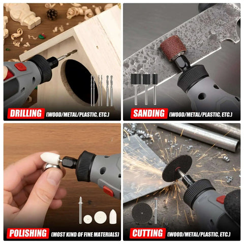All In One 618 Piece Rotary Tool Accessory Kit For Dremel And Universal Fitment With Portable Case, Includes Sanding Papers And Bands, Flap Wheels, Diamond And Carbide Cutting Wheels, Drills, Engraving Bits, Polishing And Grinding Tools For DIY shown in use on various materials.