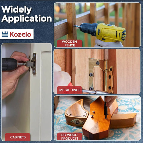 Collage of DIY uses for 50 Pack Phillips Flat Head Wood Screws 316 Stainless Steel on cabinets, fence, hinge, and wood products.