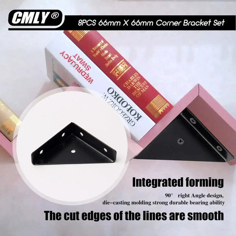Black 8 Pack 66mm Triangle Shelf Brackets For Wood Metal And Cabinets, shown on books, cold-rolled steel, corrosion resistant