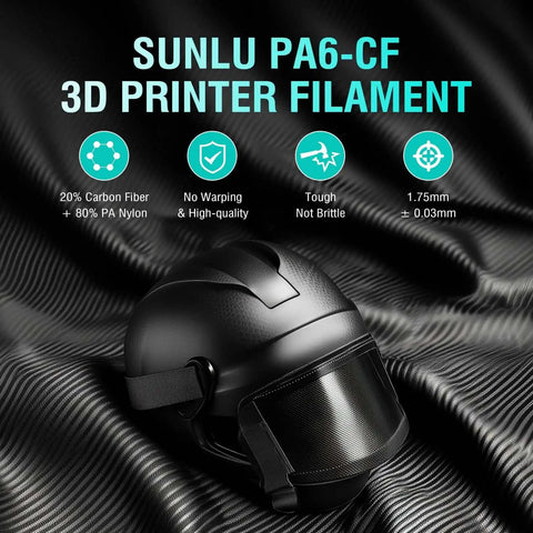 Carbon Fiber Reinforced Nylon Filament PA6-CF 1.75mm 1kg For Industrial Parts, helmet on textured fabric, frosted black style, no warping.