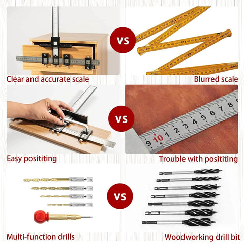 Comparison of Aluminum Cabinet Hardware Jig Kit showing positioning and scale accuracy with drills included for installs.