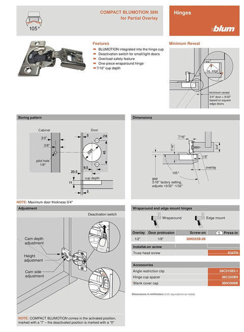 Soft Close Compact BLUMOTION 38N Hinge For Face-Frame Cabinets, 105 Degree Opening, 1/2 Overlay, Screw-On Mount, 4-Pack Blum 38N355B.08 instructions