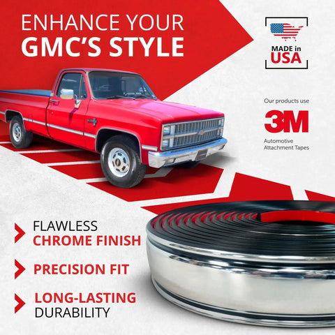 Square Body Side Molding Chrome Trim 2.25 In For 1973-1987 Chevy C10 GMC Trucks with red truck and chrome roll