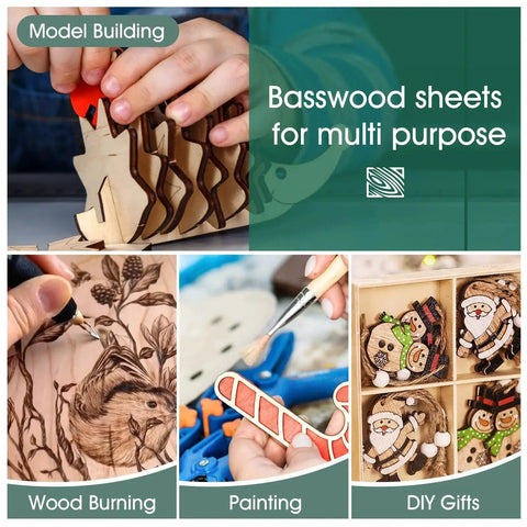 Image of DIYers Favorite Basswood Sheets One Sixteenth Inch Thick 18 Pack Eight By Twelve Inch For Laser Cutting Wood Burning Drawing Architectural Models And DIY Crafts Unfinished Plywood Boards For Handy Projects showcasing wood burning, painting, and crafting.